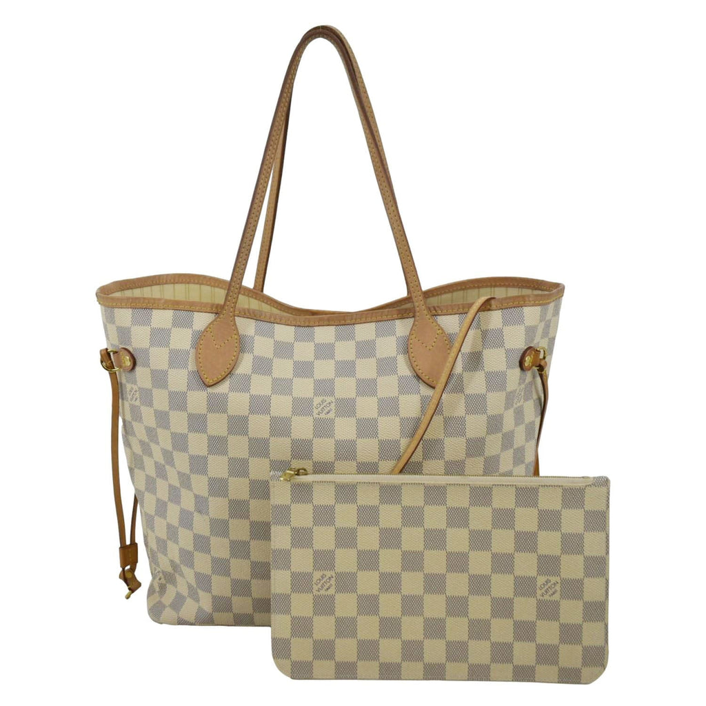 LOUIS VUITTON Damier Azur Neverfull MM Gold Buckle Handle Bag White