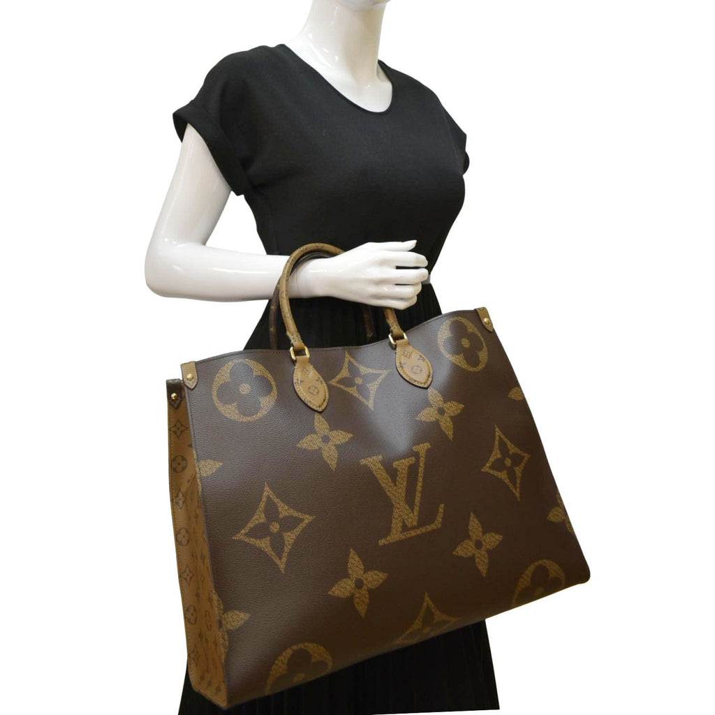 Louis Vuitton Brown Giant Reverse Monogram Coated Canvas Onthego GM Gold Hardware, 2020 (Like New), Brown/Red Womens Handbag