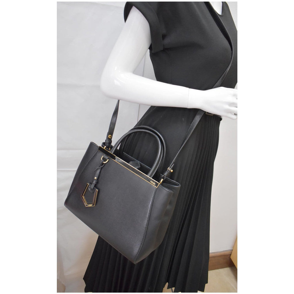 Auth.Fendi 2 Jours Vitello Elite Black Leather Large Tote Bag