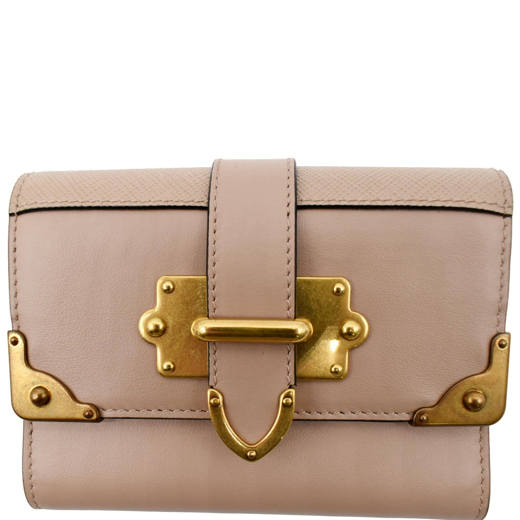 PRADA Cahier Saffiano French Compact Flap Wallet Beige - 25% OFF