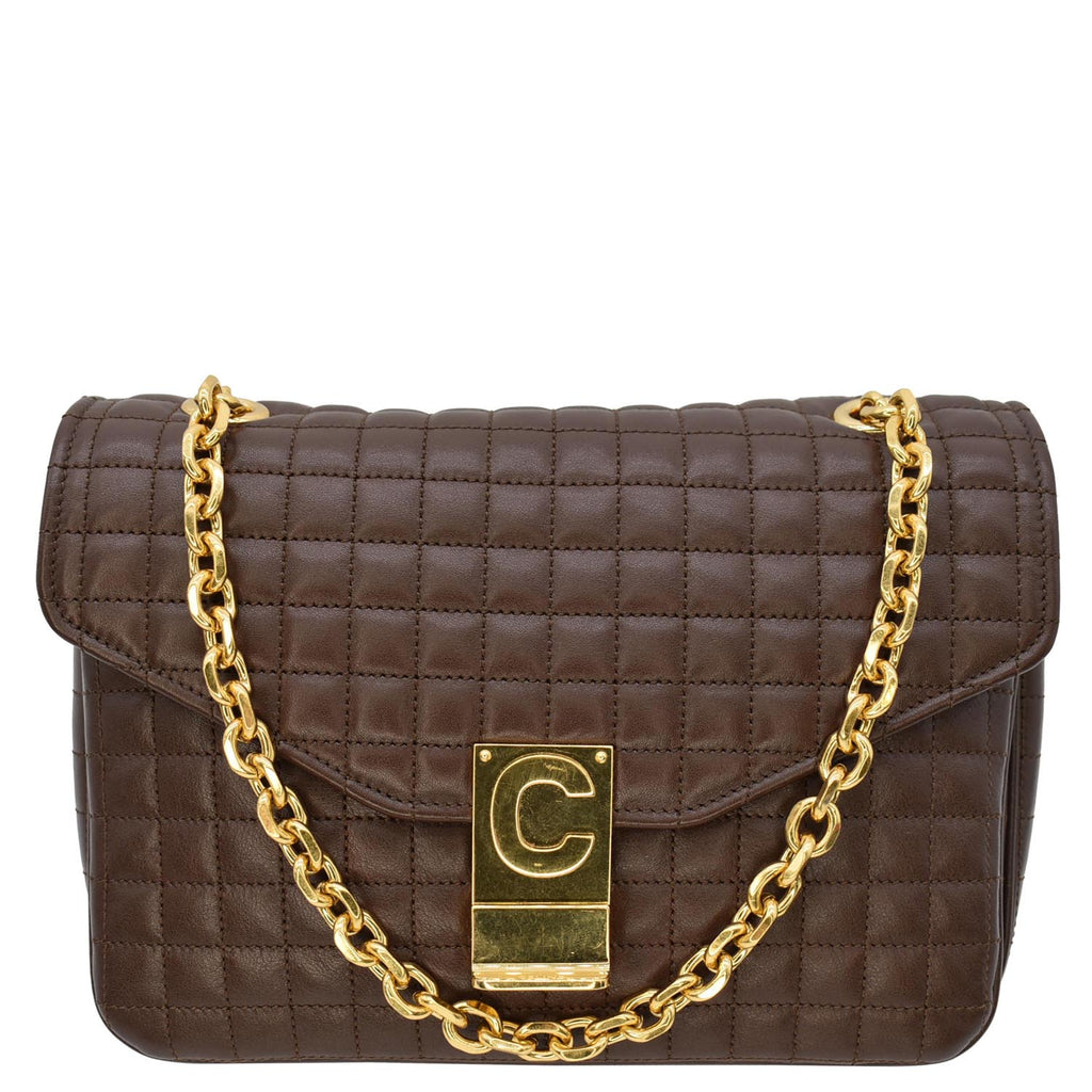 CELINE Medium C Quilted Leather Crossbody Bag Khaki