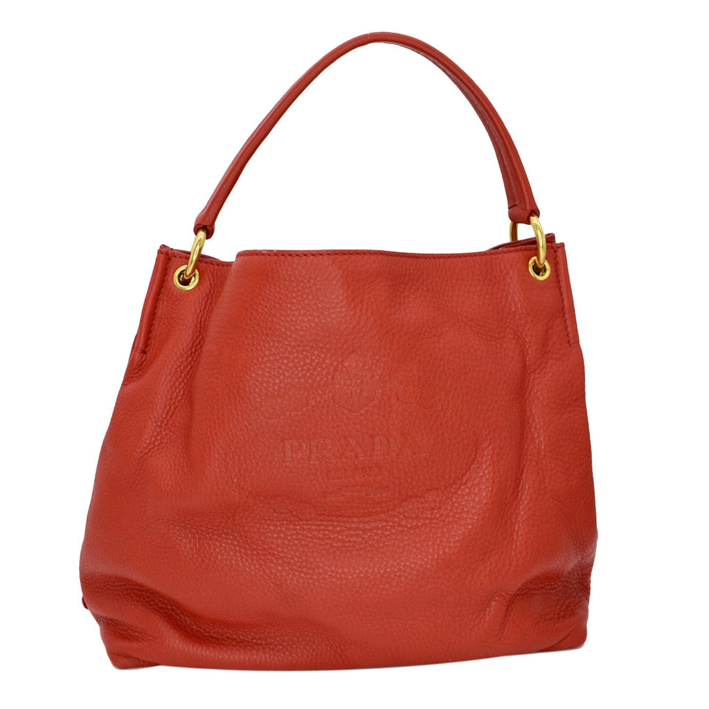 PRADA Vitello Phenix Leather Embossed Logo Hobo Bag Red