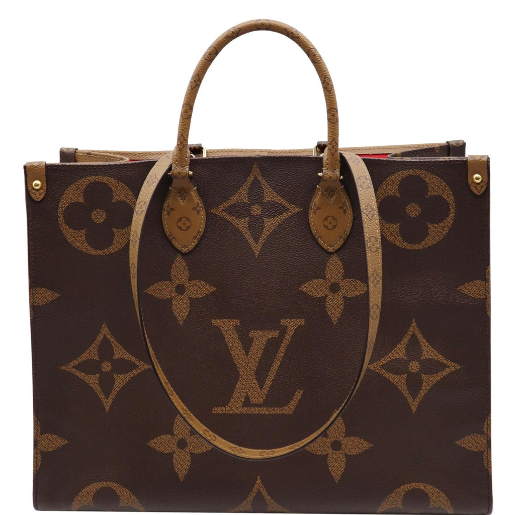 Louis Vuitton Brown Giant Reverse Monogram Coated Canvas Onthego GM Gold Hardware, 2020 (Like New), Brown/Red Womens Handbag