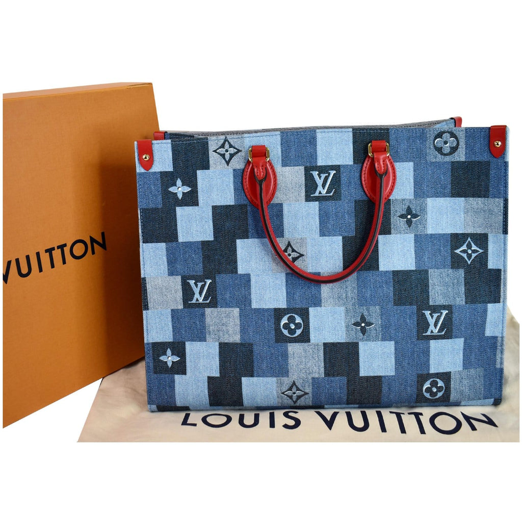 Louis Vuitton Denim Onthego GM Monogram Giant Flower Bag Red Blue