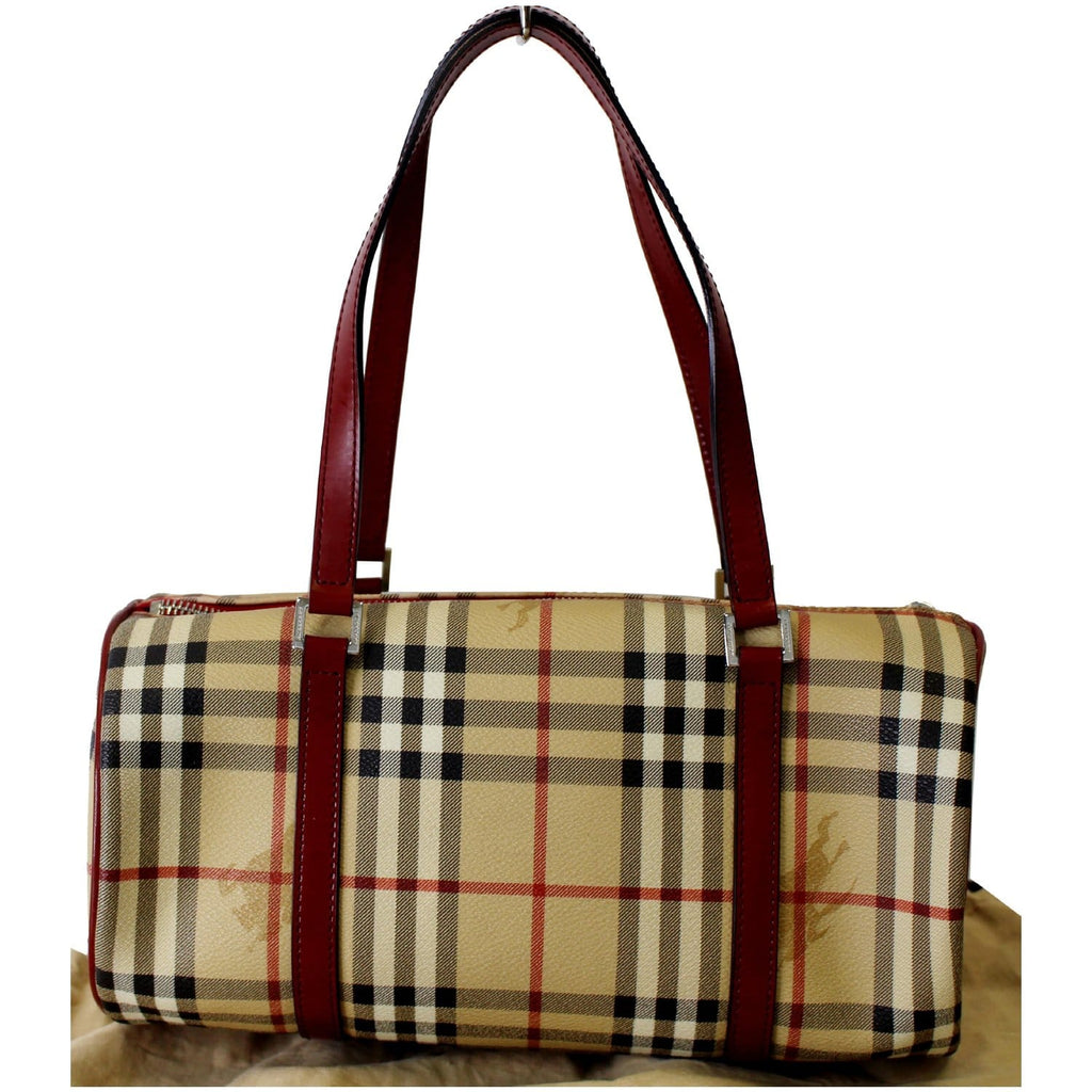 BURBERRY Barrel Haymarket Check Coated Canvas Shoulder Bag Red