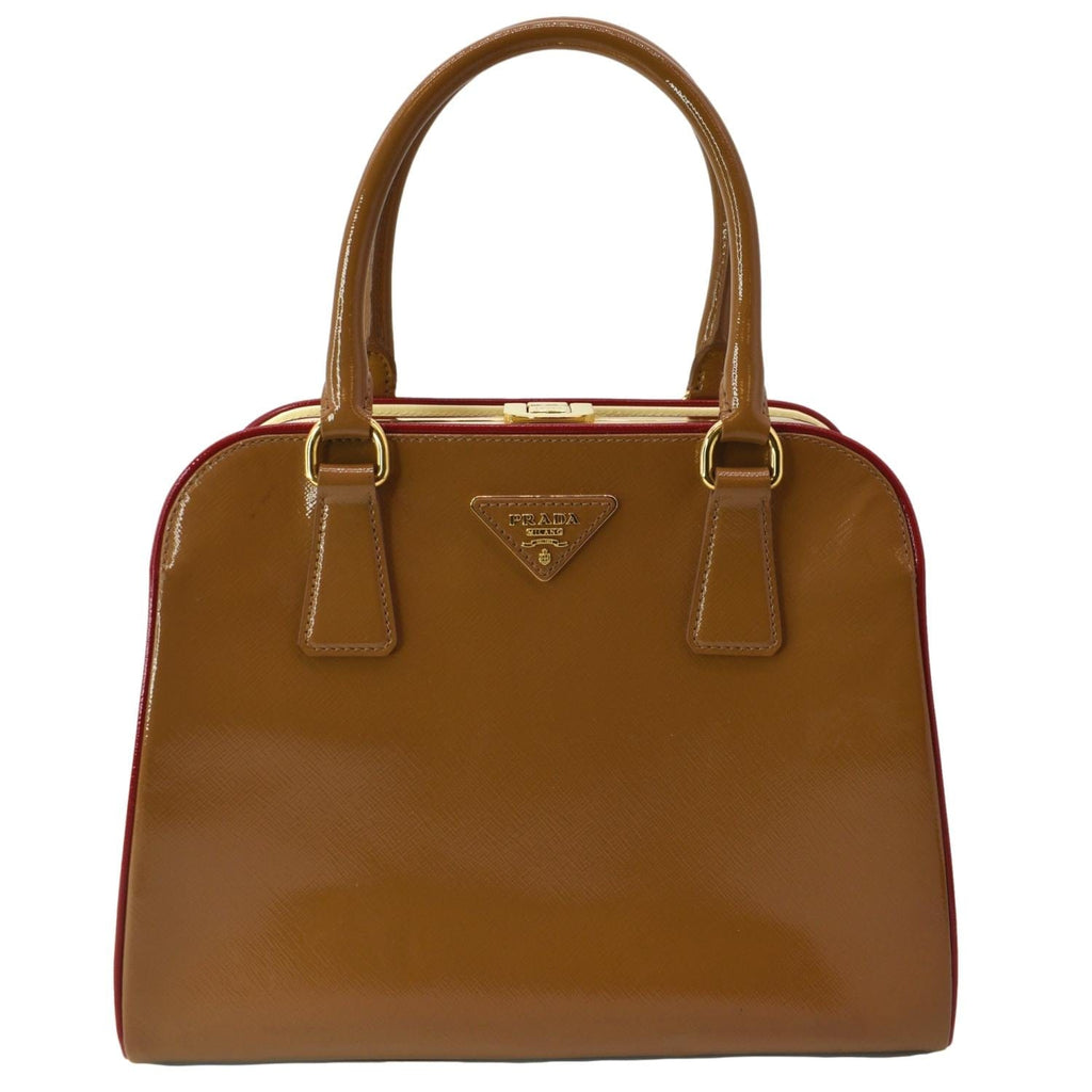 PRADA Vernice Pyramid Saffiano Leather Top Handle Bag Brown