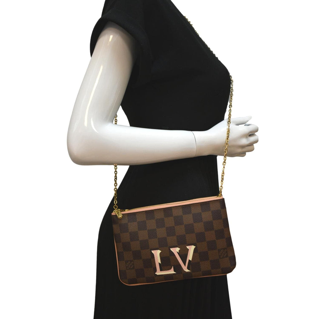 Louis Vuitton Damier Ebene Canvas Double Zip Pochette Bag Louis