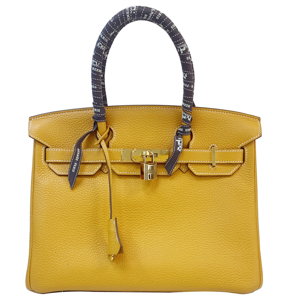 HERMES Birkin 30cm 2014 Clemence Leather Tote Bag Mustard