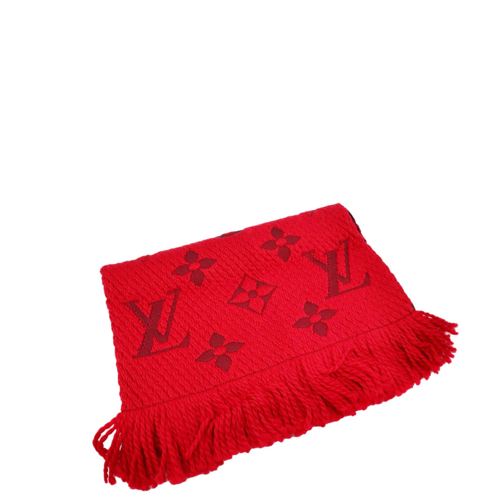 Authentic Louis Vuitton Logo Mania Red Scarf Wool Silk Preloved 