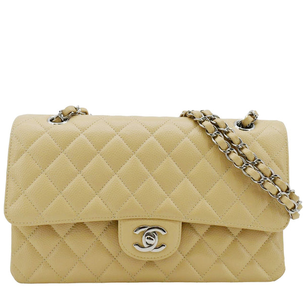 CHANEL Classic Double Flap Medium Quilted Caviar Leather Shoulder Bag Beige