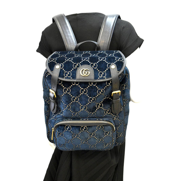 GUCCI GG Marmont Velvet Double Buckle Backpack Bag Blue 574942