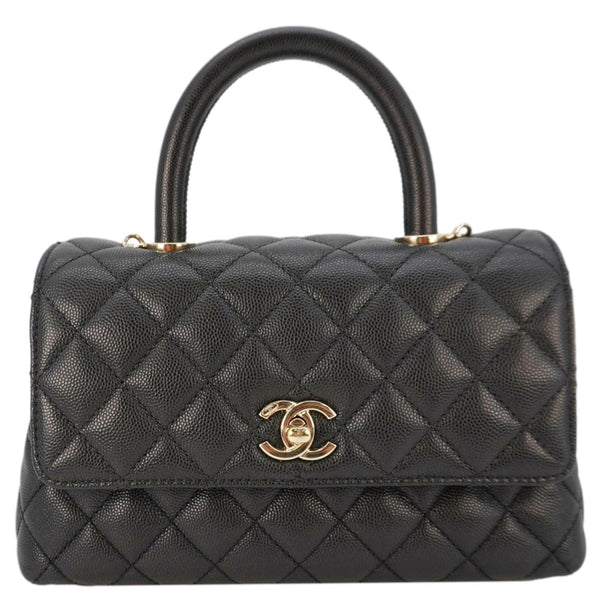 CHANEL Coco Flap Small Quilted Caviar Leather Handle Shoulder Bag Black