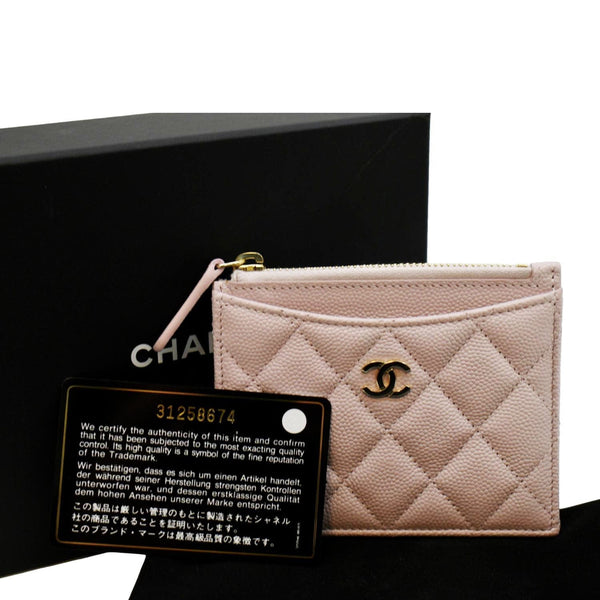 CHANEL Quilted Caviar Leather Top Zip Card Holder Light Pink