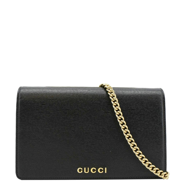 GUCCI Script Leather Chain Wallet Bag Black  front look