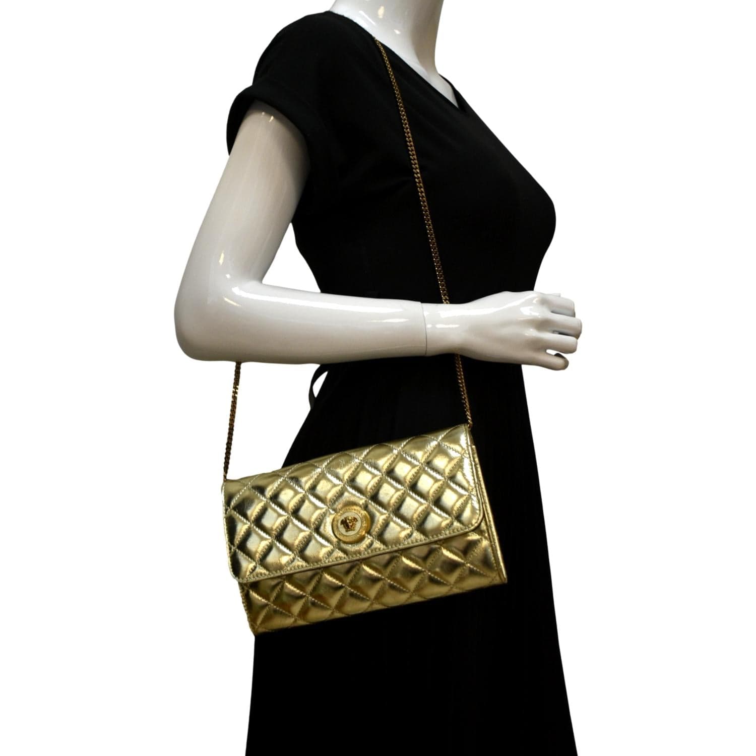 Gold Metallic Quilted Chain Cross Body Bag