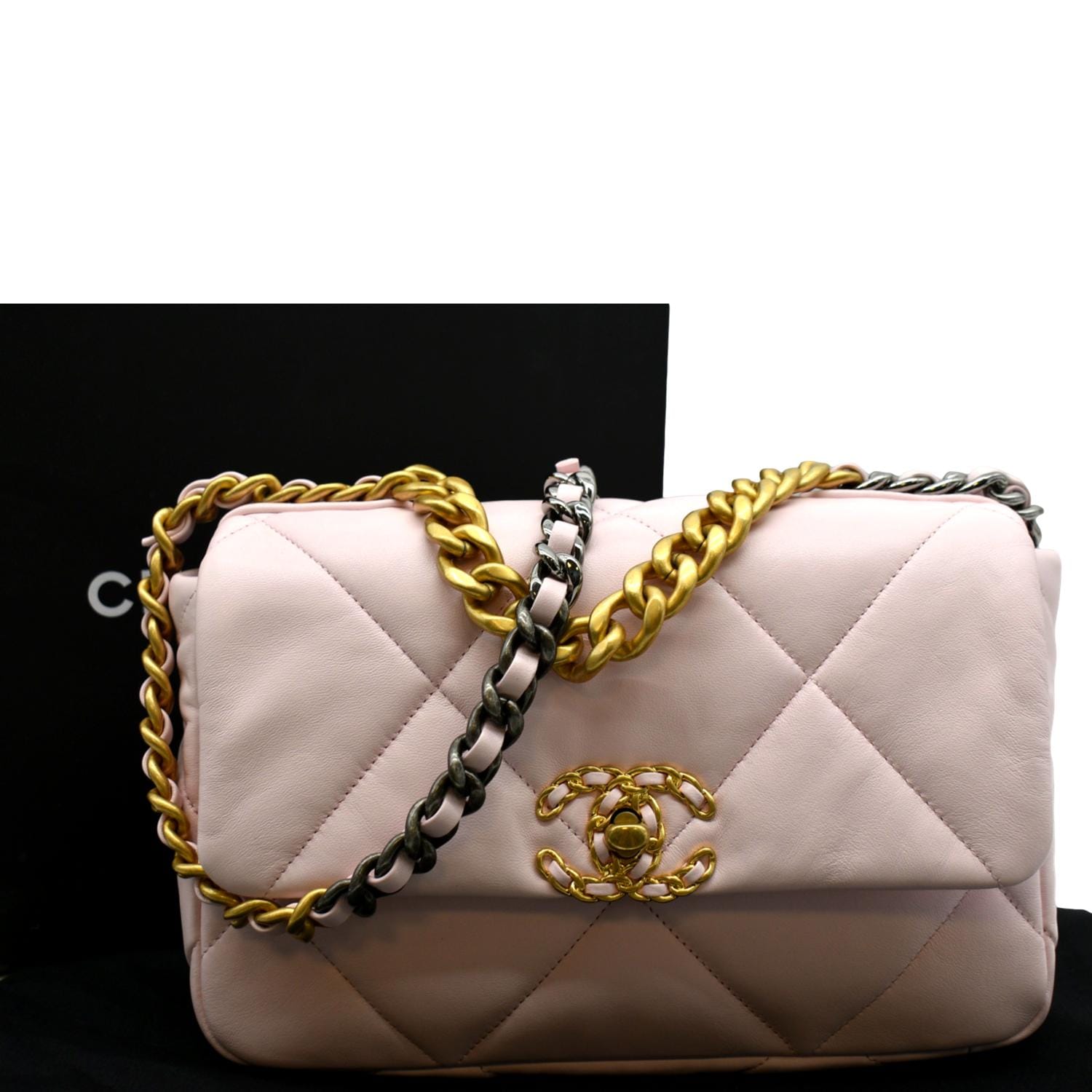 CHANEL 19 Small Flap Quilted Lambskin Leather Shoulder Bag Beige