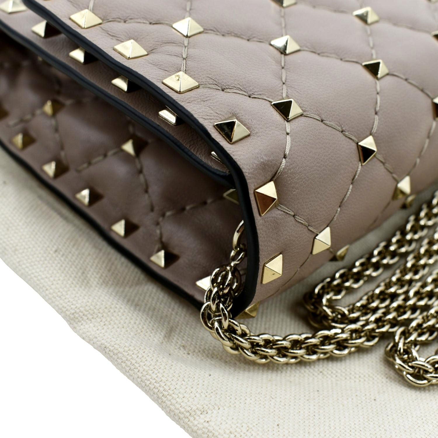 VALENTINO Rockstud Spike Quilted Leather Top Handle Crossbody Bag Poud