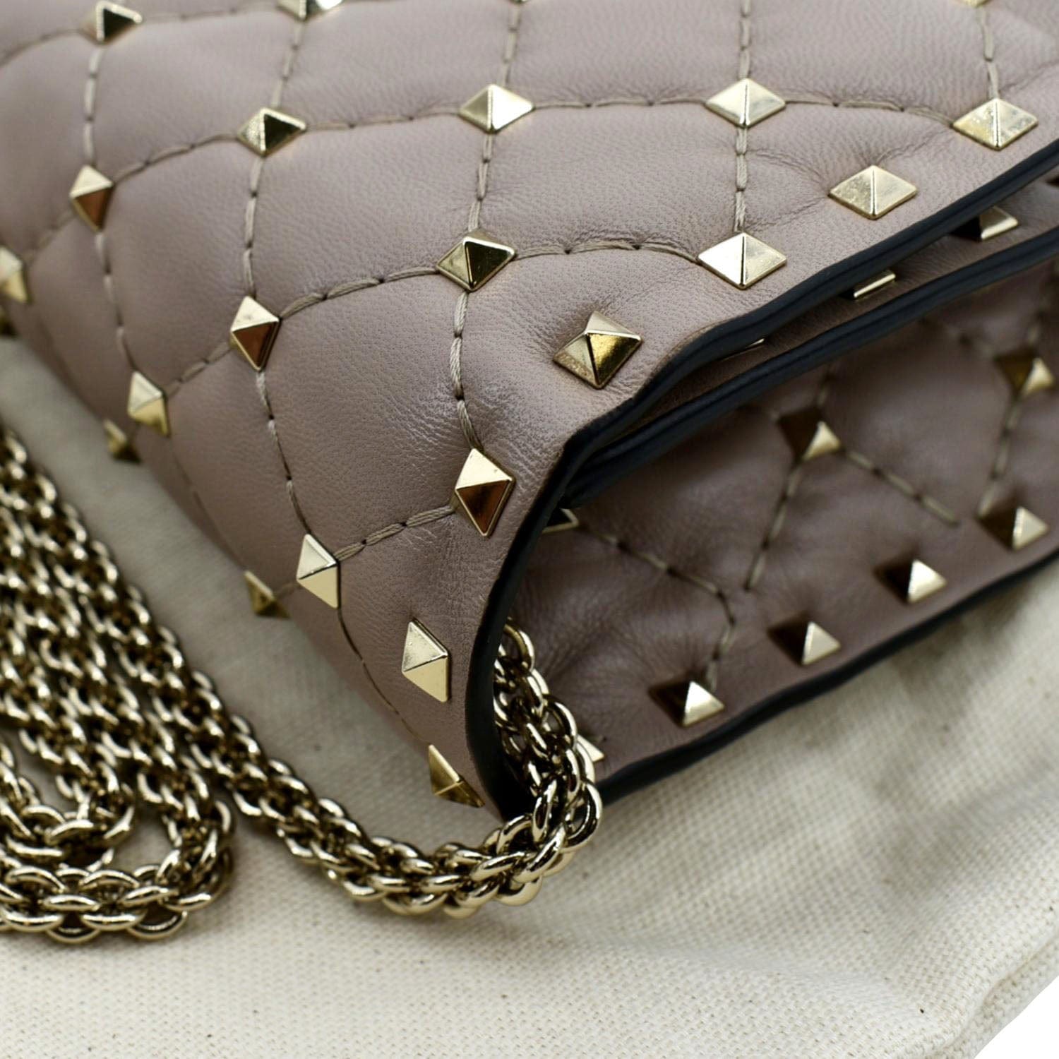 VALENTINO Rockstud Spike Quilted Leather Top Handle Crossbody Bag Poud