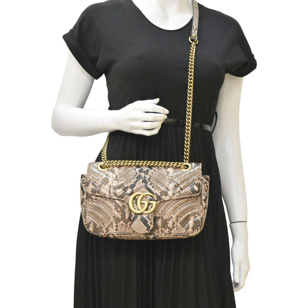 GUCCI GG Marmont Snake Print Leather Crossbody Bag Brown 443497