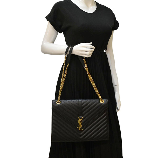 YVES SAINT LAURENT Large Envelope Flap Matelasse Leather Shoulder Bag Black