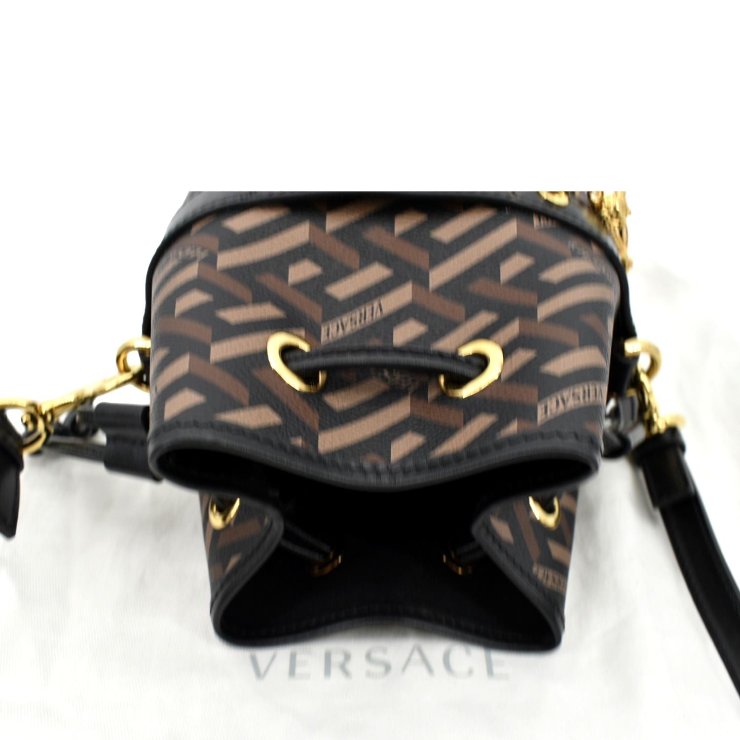 VERSACE La Greca Signature Mini Coated Canvas Bucket Shoulder Bag Blac