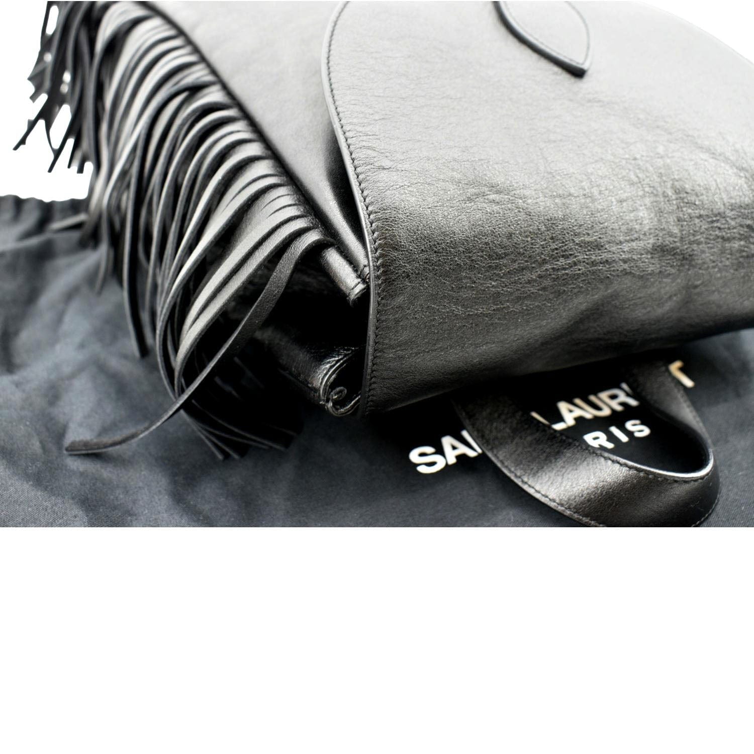 YVES SAINT LAURENT Fringe Calfskin Leather Backpack Bag Black