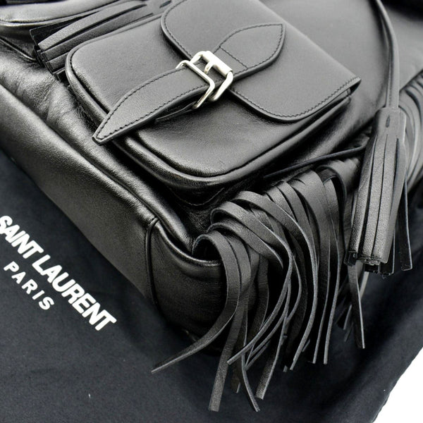 YVES SAINT LAURENT Fringe Calfskin Leather Backpack Bag Black