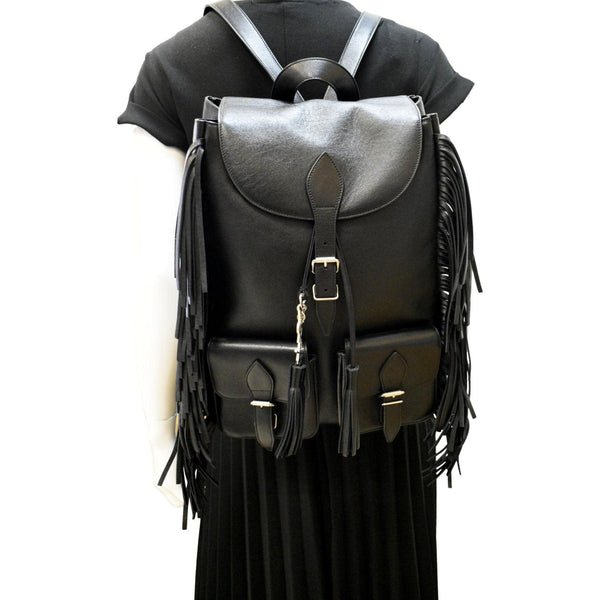 YVES SAINT LAURENT Fringe Calfskin Leather Backpack Bag Black