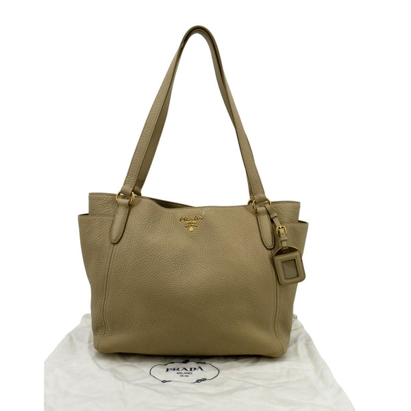 PRADA Vitello Daino Side-Pocket Leather Tote Shoulder Bag Beige