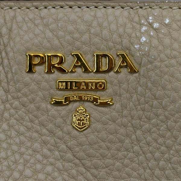 PRADA Vitello Daino Side-Pocket Leather Tote Shoulder Bag Beige