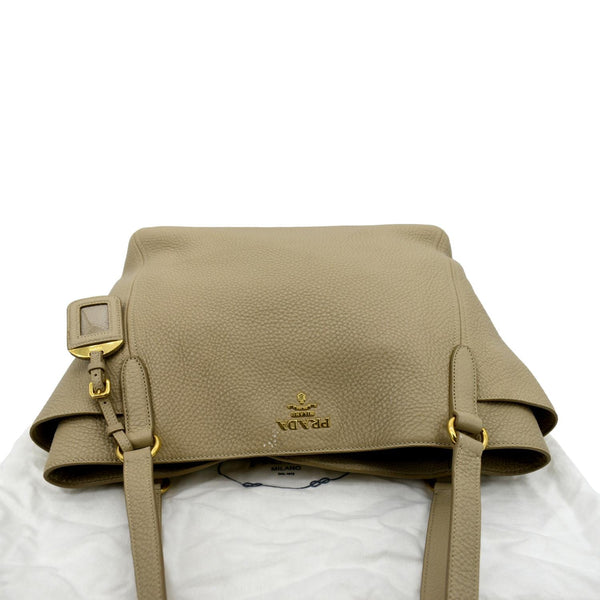 PRADA Vitello Daino Side-Pocket Leather Tote Shoulder Bag Beige