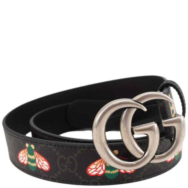 GUCCI Double G Buckle Marmont Bee Print Leather Belt Black 411516 Size 95.38