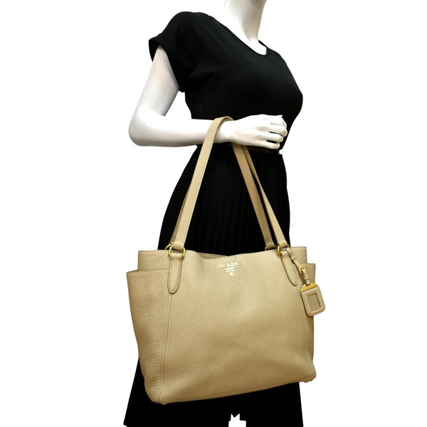 PRADA Vitello Daino Side-Pocket Leather Tote Shoulder Bag Beige