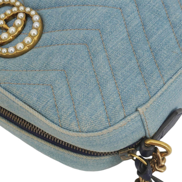 GUCCI Pearl GG Marmont Small Denim Crossbody Bag Blue 447632