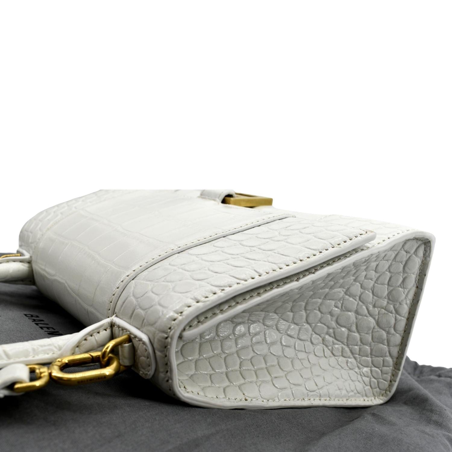 Balenciaga Hourglass Top Handle Bag Crocodile Embossed Leather Mini White