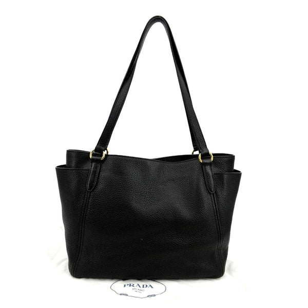 PRADA Vitello Daino Side-Pocket Leather Tote Shoulder Bag Black