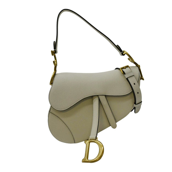 CHRISTIAN DIOR Saddle Grained Calfskin Leather Satchel Shoulder Bag Ivory