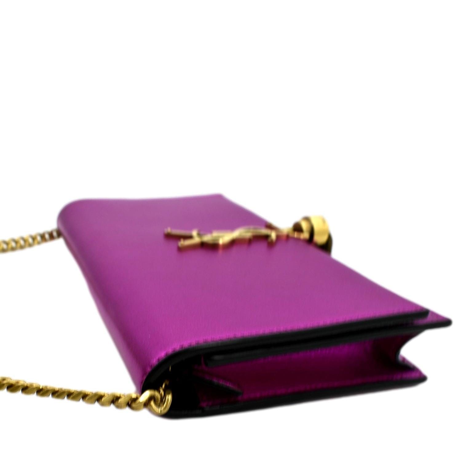 Auth Yves Saint Laurent Clutch Second Bag Purple Logo Gold YSL Leather Used