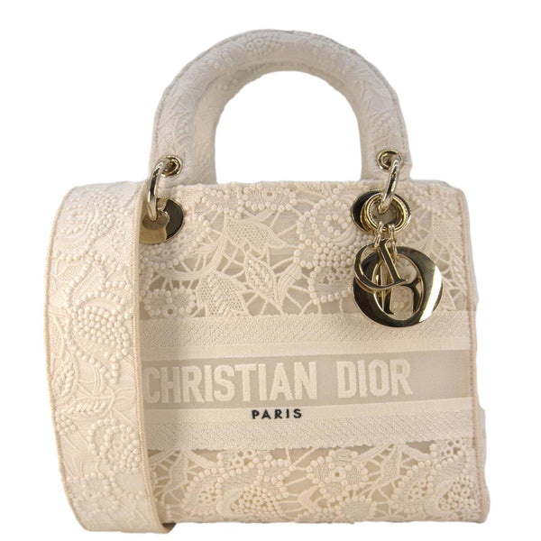 CHRISTIAN DIOR Lady dior D-Lite Embroidered Canvas Shoulder Bag White