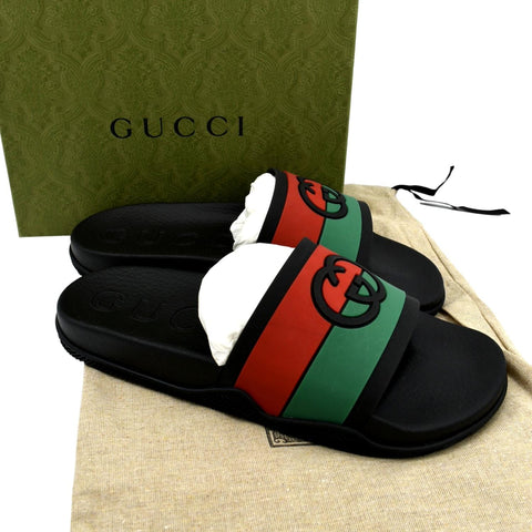 GUCCI Interlocking G Rubber Slides Sandals Black 655265 Size 11