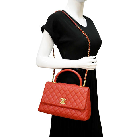 Chanel Medium Coco Leather Top Handle Shoulder Bag in Red Color