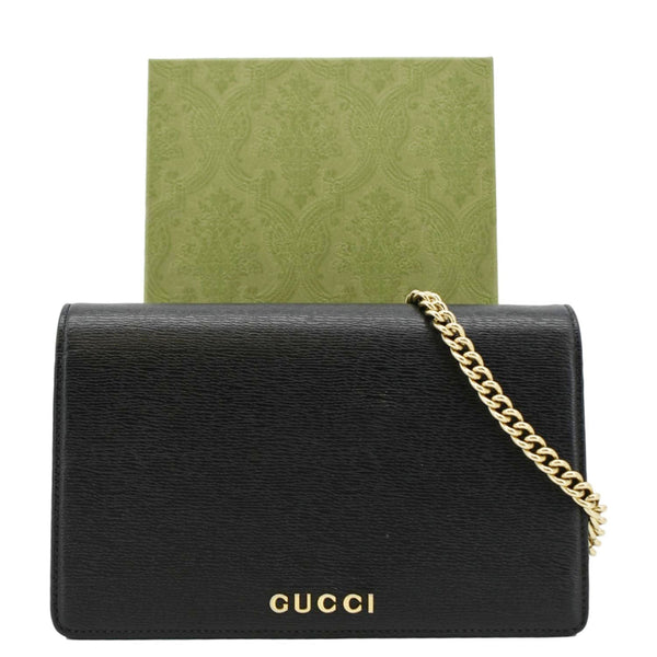 GUCCI Script Leather Chain Wallet Bag Black  front side