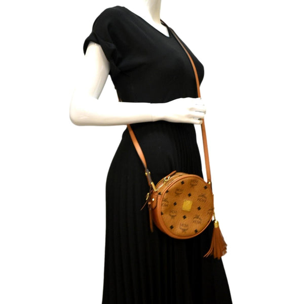 MCM Tambourine Monogram Visetos Canvas Crossbody Bag Cognac