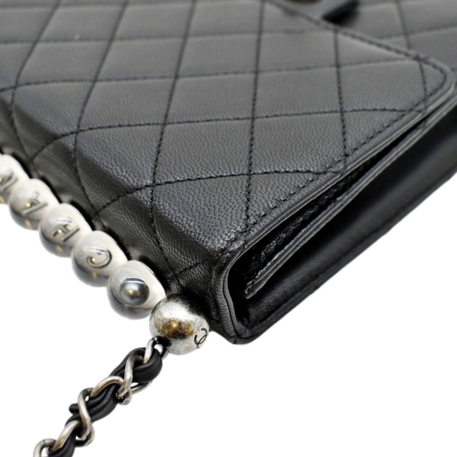 Chanel Black Quilted Calfskin Leather Wallet with Pearl Chain