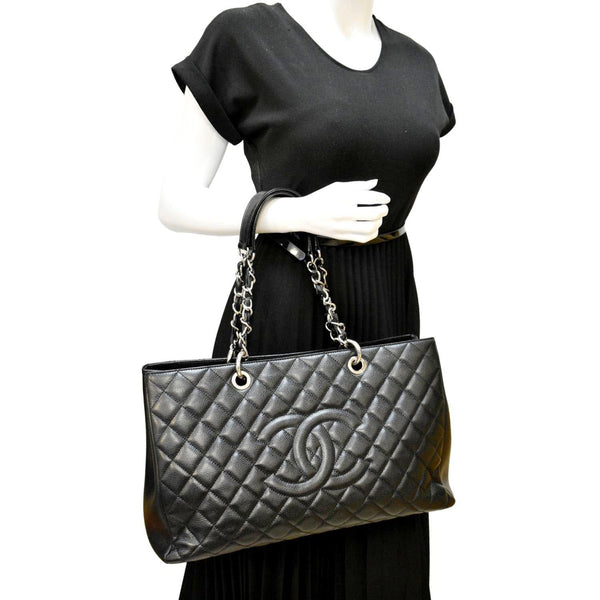 CHANEL XL Grand Quilted Caviar Leather Shopping Tote Bag Black