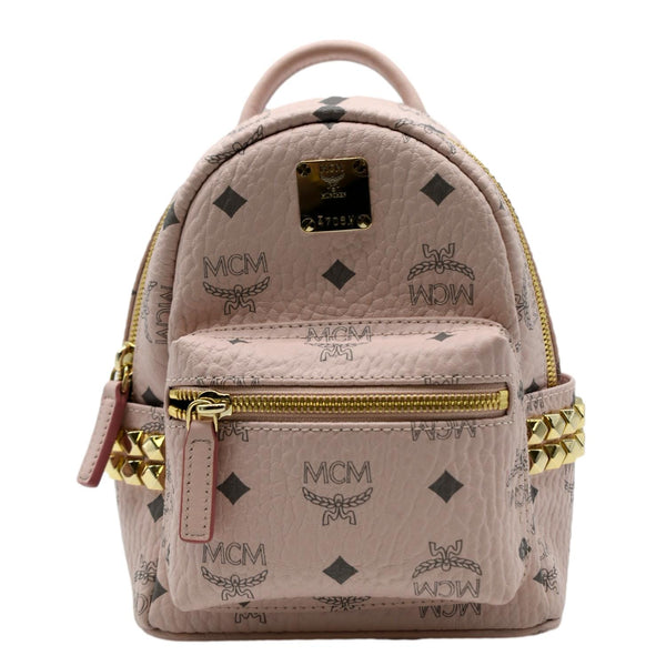 MCM Stark Bebe Boo Studded Mini Visetos Logo Leather Backpack Bag Pink