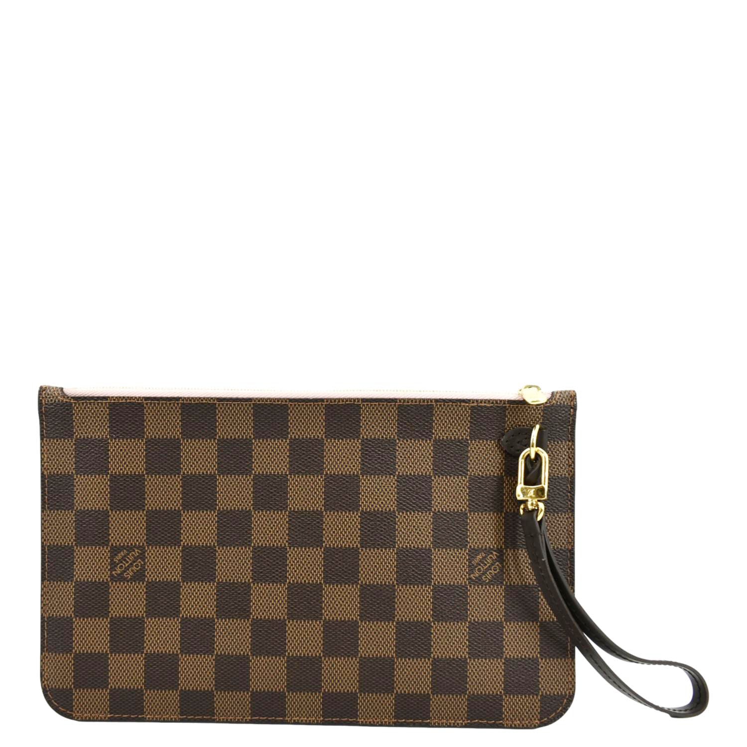 LOUIS VUITTON Neverfull Damier Ebene Pochette Wristlet Pouch Rose Ball