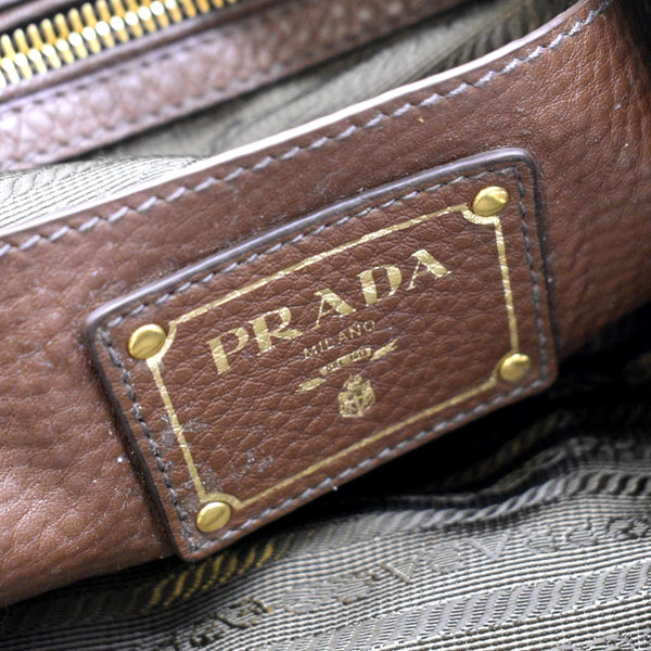 PRADA Logo Leather Hobo Bag Tan