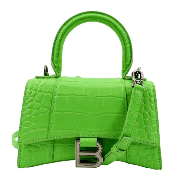 BALENCIAGA Small Hourglass Crocodile Embossed Top Handle Shoulder Bag Green