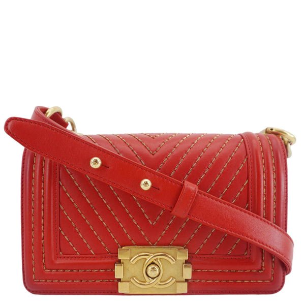 CHANEL Boy Flap Small Chevron Leather Shoulder Bag Red